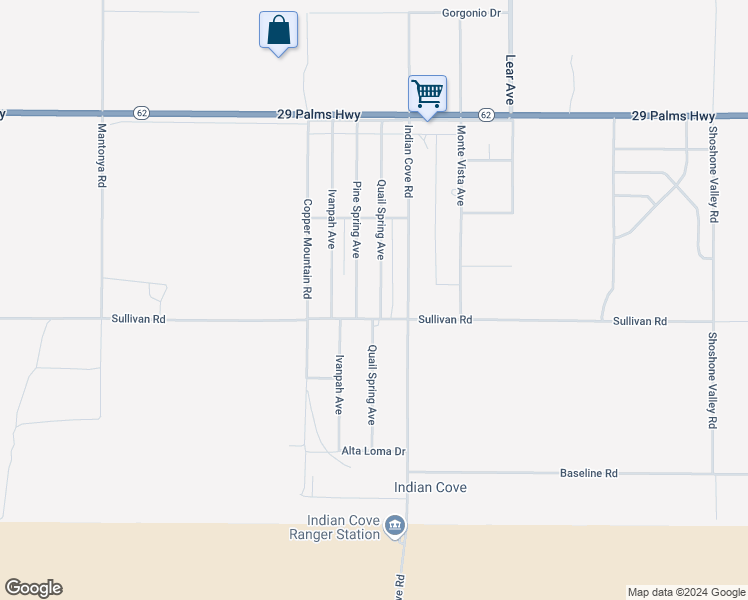 map of restaurants, bars, coffee shops, grocery stores, and more near 6860 Quail Spring Avenue in Twentynine Palms
