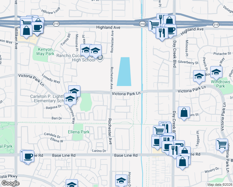 map of restaurants, bars, coffee shops, grocery stores, and more near Victoria Park Lane in Rancho Cucamonga