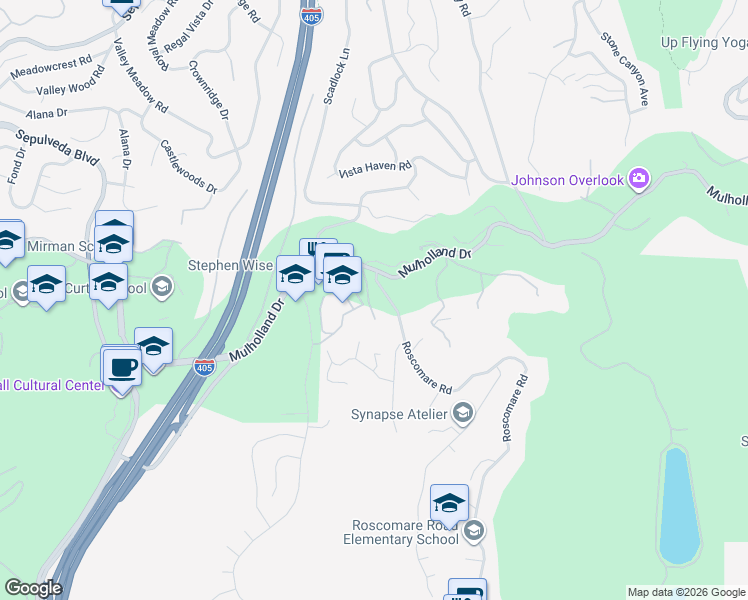 map of restaurants, bars, coffee shops, grocery stores, and more near 15438 Mulholland Drive in Los Angeles
