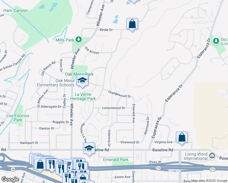 map of restaurants, bars, coffee shops, grocery stores, and more near 5105 Via Del Valle Street in La Verne