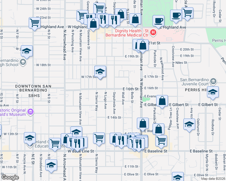 map of restaurants, bars, coffee shops, grocery stores, and more near 1585 North Lugo Avenue in San Bernardino