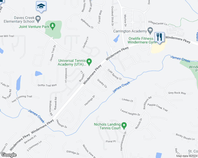 map of restaurants, bars, coffee shops, grocery stores, and more near 4650 Granby Circle in Cumming