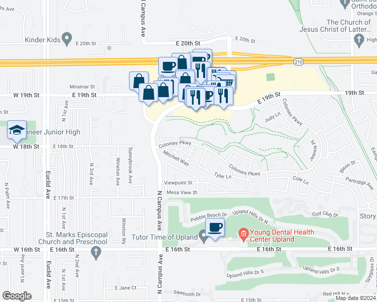 map of restaurants, bars, coffee shops, grocery stores, and more near 854 Madison Court in Upland