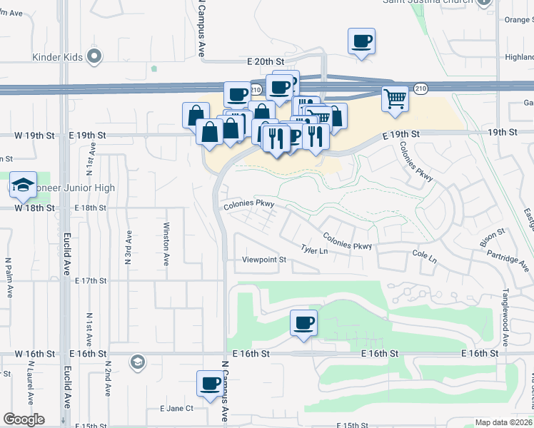 map of restaurants, bars, coffee shops, grocery stores, and more near 854 Madison Court in Upland