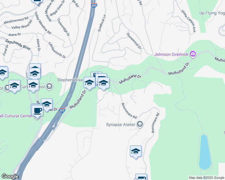 map of restaurants, bars, coffee shops, grocery stores, and more near 15434 Mulholland Drive in Los Angeles