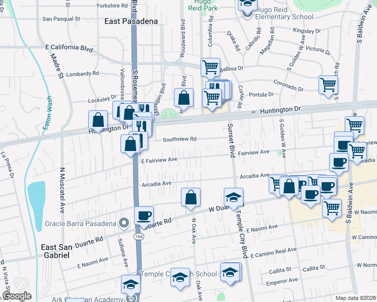 map of restaurants, bars, coffee shops, grocery stores, and more near 9170 East Fairview Avenue in San Gabriel