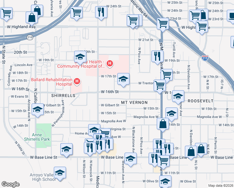 map of restaurants, bars, coffee shops, grocery stores, and more near 1530 West Evans Street in San Bernardino