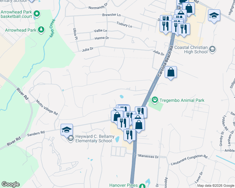 map of restaurants, bars, coffee shops, grocery stores, and more near 139 Grand Champion Road in Wilmington