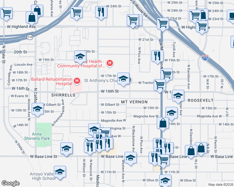 map of restaurants, bars, coffee shops, grocery stores, and more near 1541 West 16th Street in San Bernardino