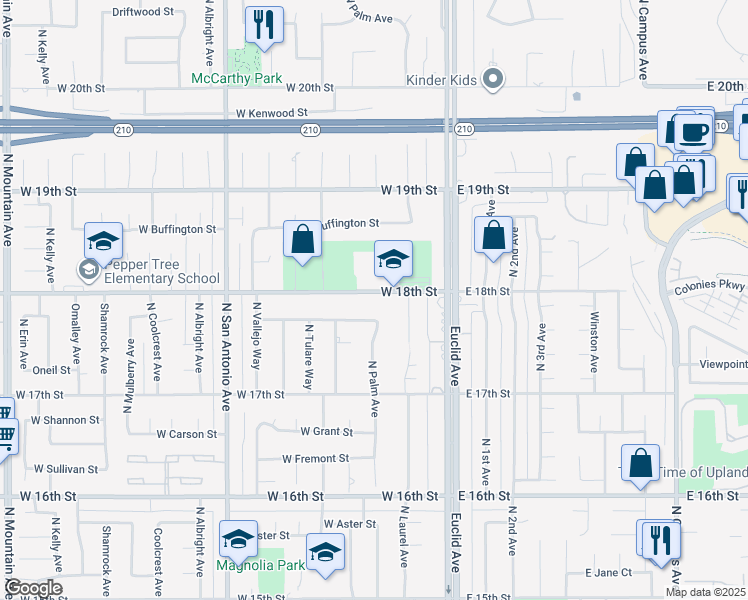 map of restaurants, bars, coffee shops, grocery stores, and more near 256 West 18th Street in Upland