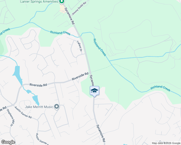 map of restaurants, bars, coffee shops, grocery stores, and more near Sycamore Road in Sugar Hill