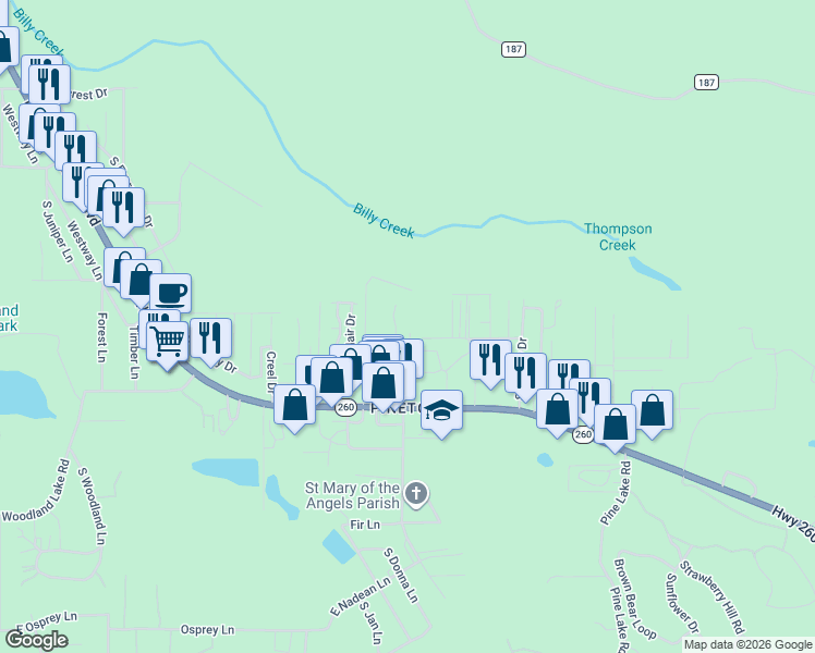 map of restaurants, bars, coffee shops, grocery stores, and more near 1259 South Penrod Drive in Pinetop-Lakeside
