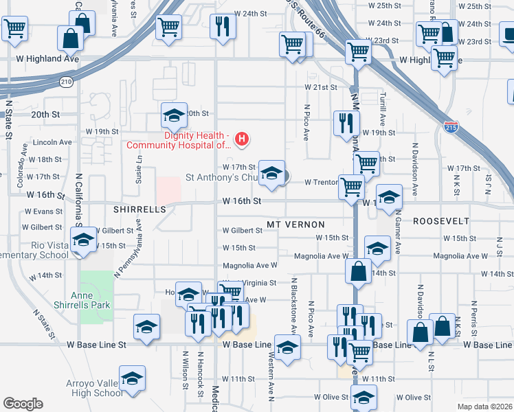 map of restaurants, bars, coffee shops, grocery stores, and more near 1530 West Evans Street in San Bernardino