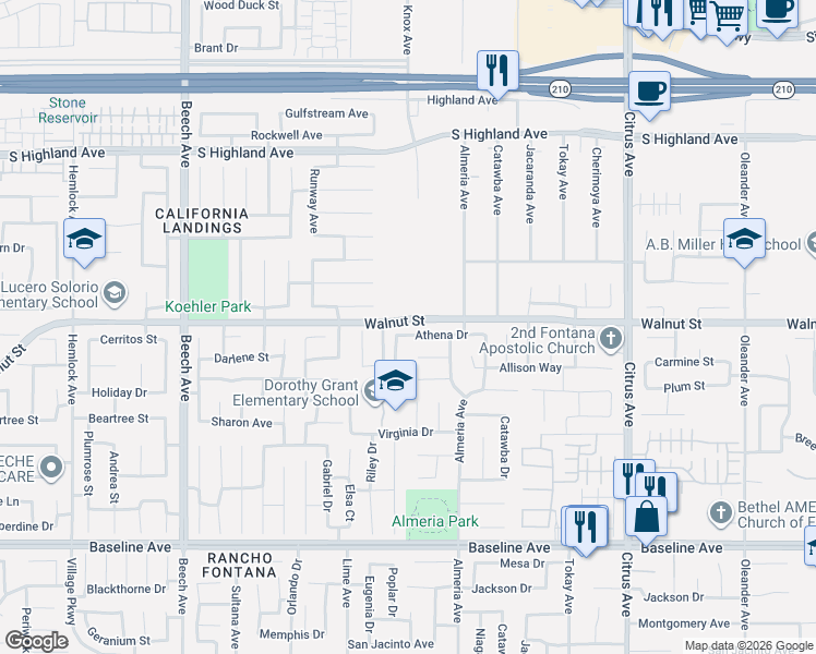 map of restaurants, bars, coffee shops, grocery stores, and more near 15717 Athena Drive in Fontana
