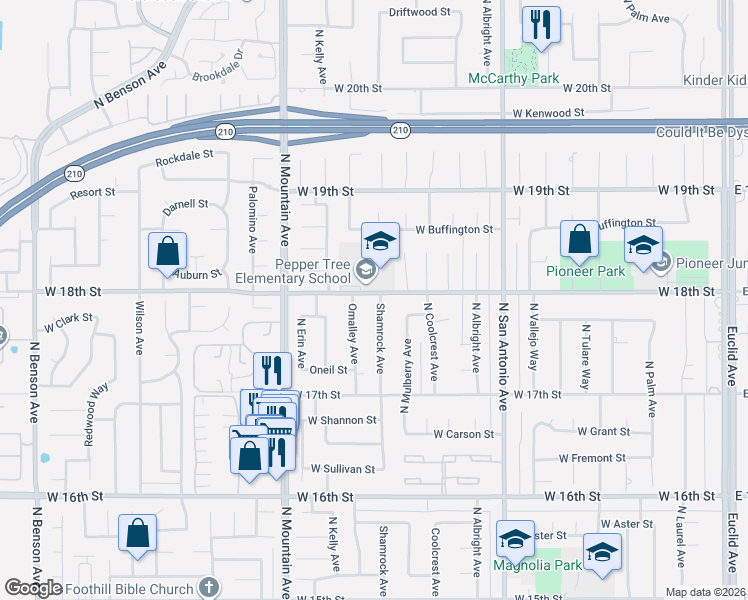map of restaurants, bars, coffee shops, grocery stores, and more near 1784 Shamrock Avenue in Upland