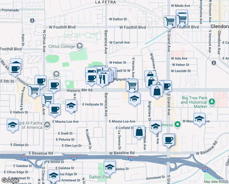 map of restaurants, bars, coffee shops, grocery stores, and more near 825 West Bagnall Street in Glendora
