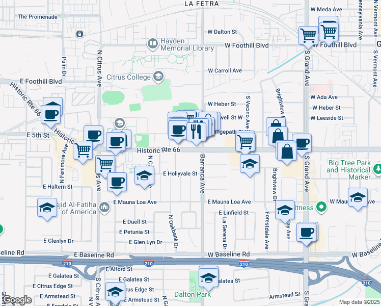 map of restaurants, bars, coffee shops, grocery stores, and more near 371 Barranca Avenue in Azusa