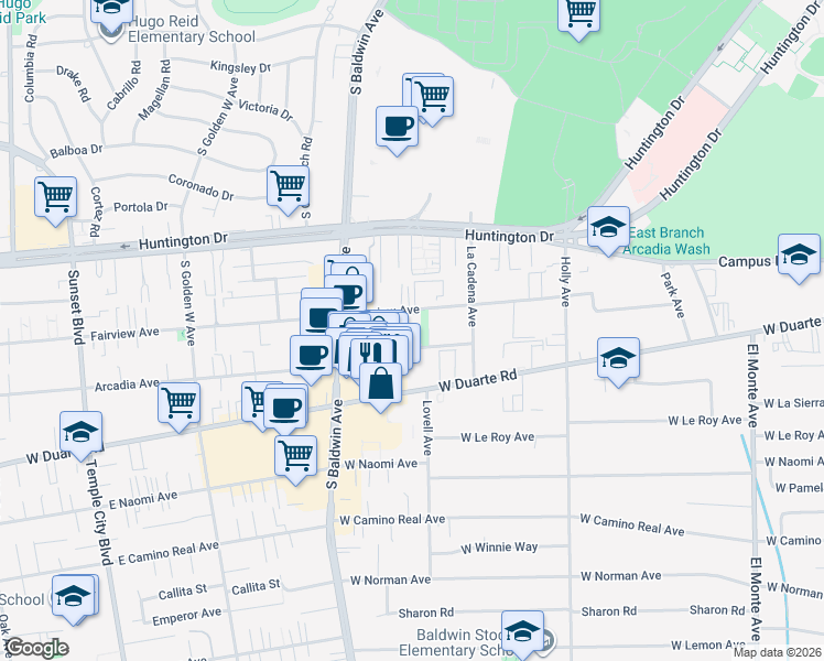 map of restaurants, bars, coffee shops, grocery stores, and more near 535 Arcadia Avenue in Arcadia