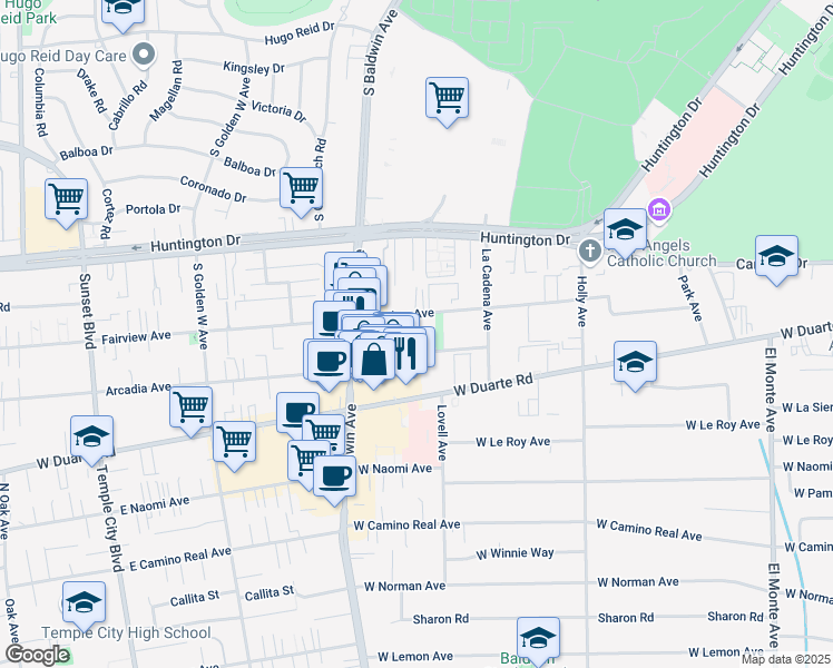 map of restaurants, bars, coffee shops, grocery stores, and more near 636 Arcadia Avenue in Arcadia