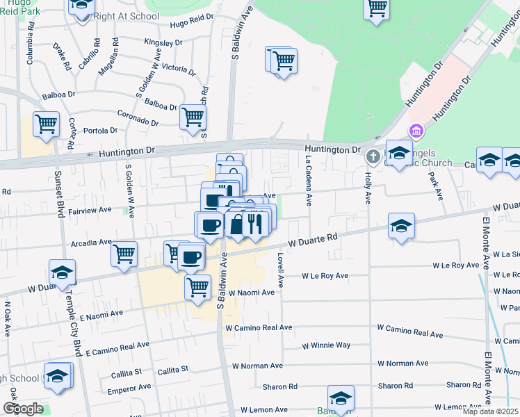 map of restaurants, bars, coffee shops, grocery stores, and more near 636 Arcadia Avenue in Arcadia