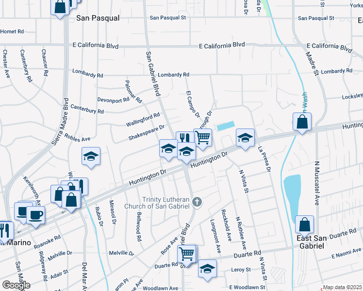 map of restaurants, bars, coffee shops, grocery stores, and more near 1155 South San Gabriel Boulevard in San Marino