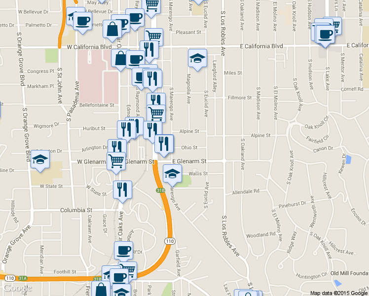 map of restaurants, bars, coffee shops, grocery stores, and more near 273 East Glenarm Street in Pasadena
