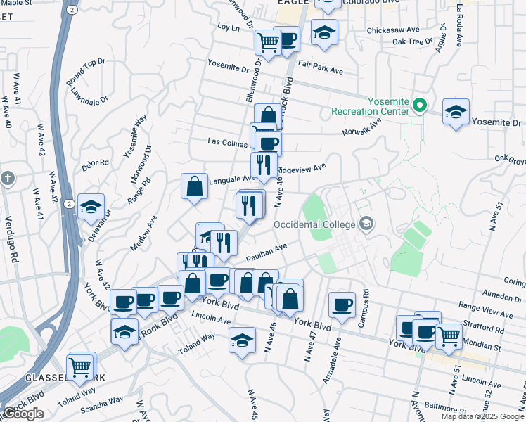 map of restaurants, bars, coffee shops, grocery stores, and more near 1709 North Avenue 46 in Los Angeles
