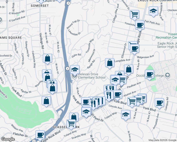 map of restaurants, bars, coffee shops, grocery stores, and more near 2670 Saxon Drive in Los Angeles