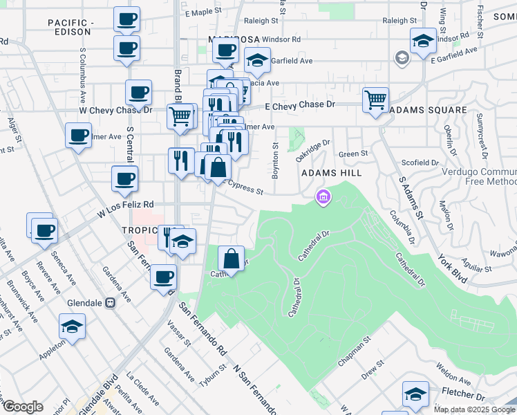 map of restaurants, bars, coffee shops, grocery stores, and more near 428 Mission Road in Glendale