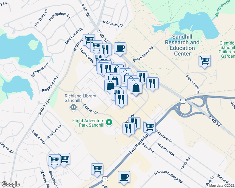 map of restaurants, bars, coffee shops, grocery stores, and more near 493-2 Town Center Place in Columbia