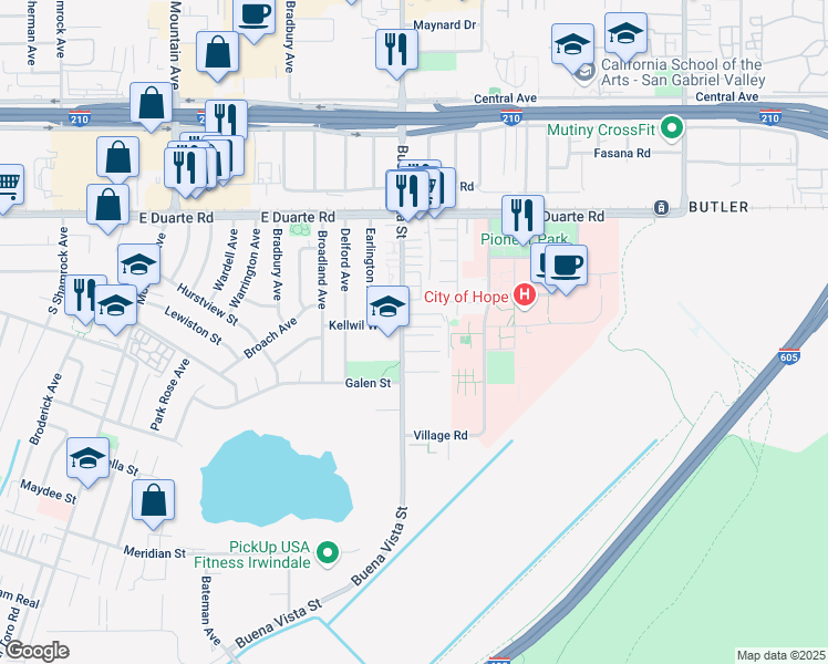 map of restaurants, bars, coffee shops, grocery stores, and more near 2000 Buena Vista Street in Duarte