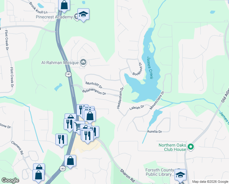 map of restaurants, bars, coffee shops, grocery stores, and more near 1830 Montcliff Drive in Cumming