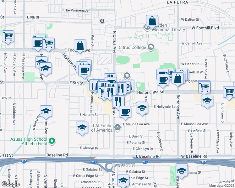 map of restaurants, bars, coffee shops, grocery stores, and more near 390 North Citrus Avenue in Azusa