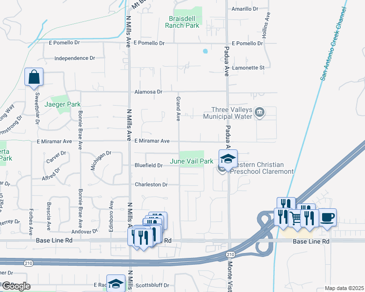map of restaurants, bars, coffee shops, grocery stores, and more near 2492 Grand Avenue in Claremont