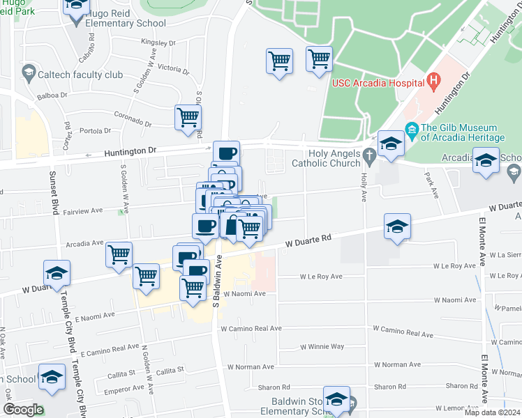 map of restaurants, bars, coffee shops, grocery stores, and more near 618 Fairview Avenue in Arcadia
