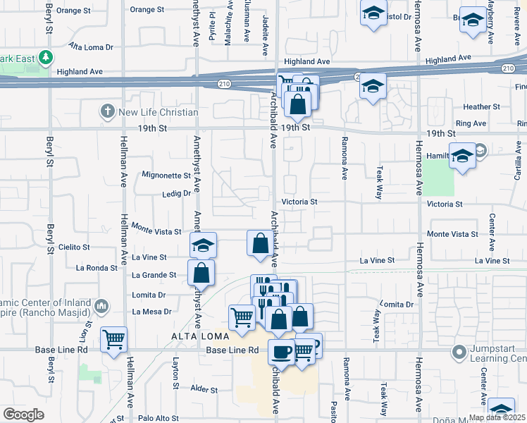 map of restaurants, bars, coffee shops, grocery stores, and more near 9702 Monte Vista Street in Rancho Cucamonga