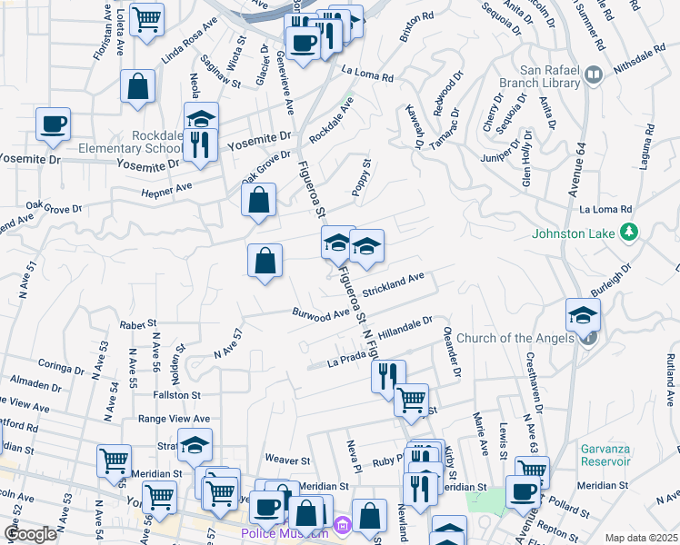 map of restaurants, bars, coffee shops, grocery stores, and more near 6957 North Figueroa Street in Los Angeles