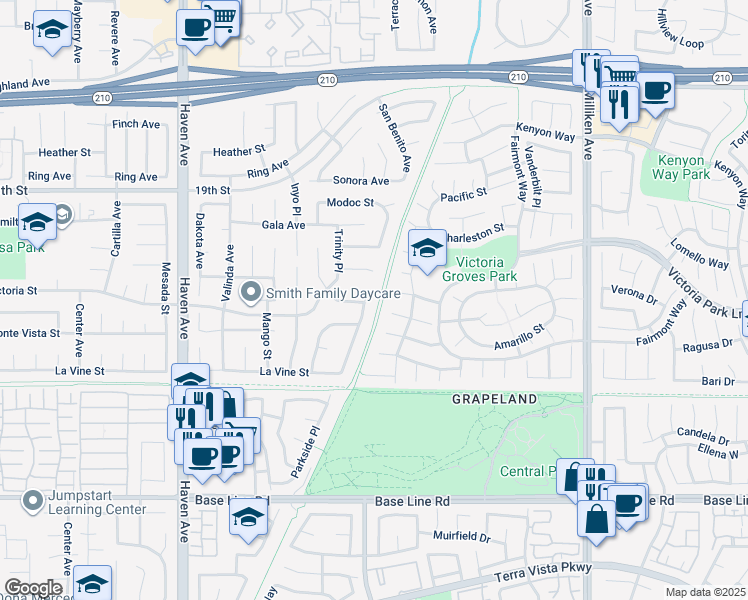 map of restaurants, bars, coffee shops, grocery stores, and more near 6915 Stanislaus Place in Rancho Cucamonga