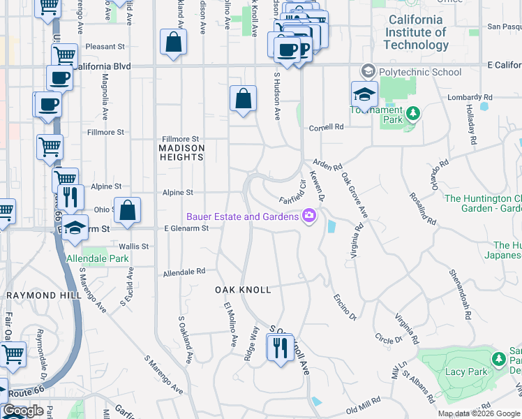 map of restaurants, bars, coffee shops, grocery stores, and more near 766 Canon Drive in Pasadena