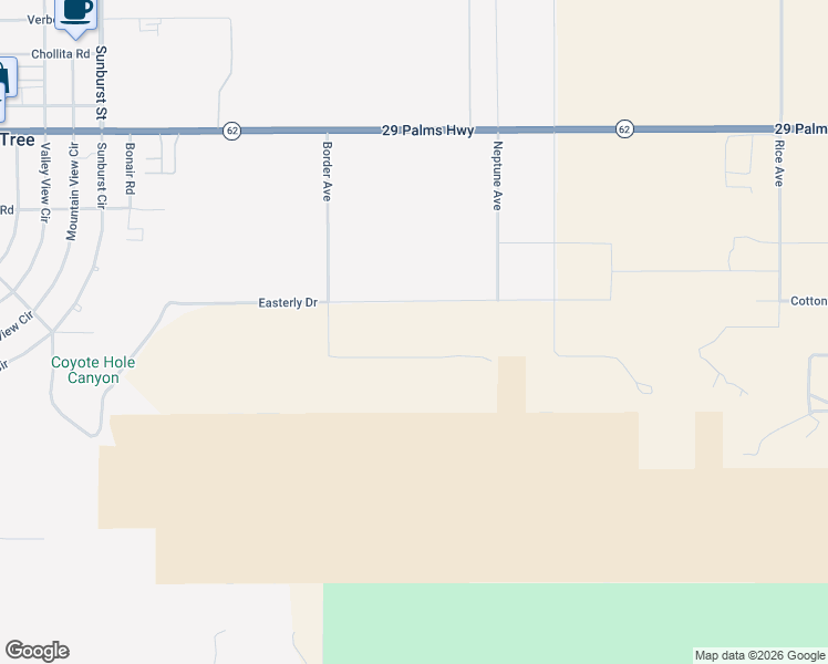 map of restaurants, bars, coffee shops, grocery stores, and more near 62625 Sullivan Road in Joshua Tree