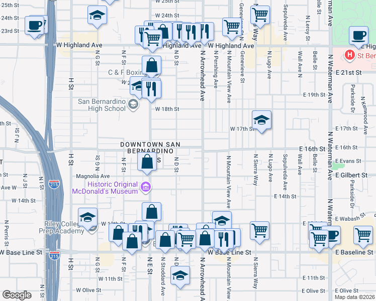 map of restaurants, bars, coffee shops, grocery stores, and more near 361 West 16th Street in San Bernardino