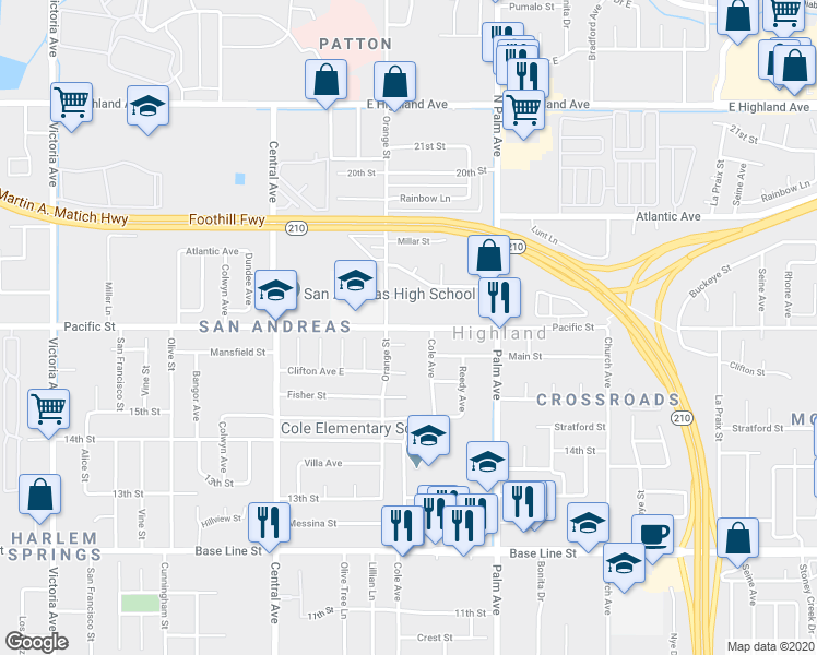 map of restaurants, bars, coffee shops, grocery stores, and more near 27101 Pacific Street in Highland