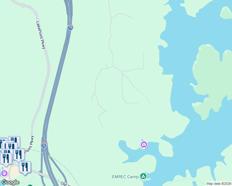 map of restaurants, bars, coffee shops, grocery stores, and more near 18 Ridgewater Drive in Cartersville