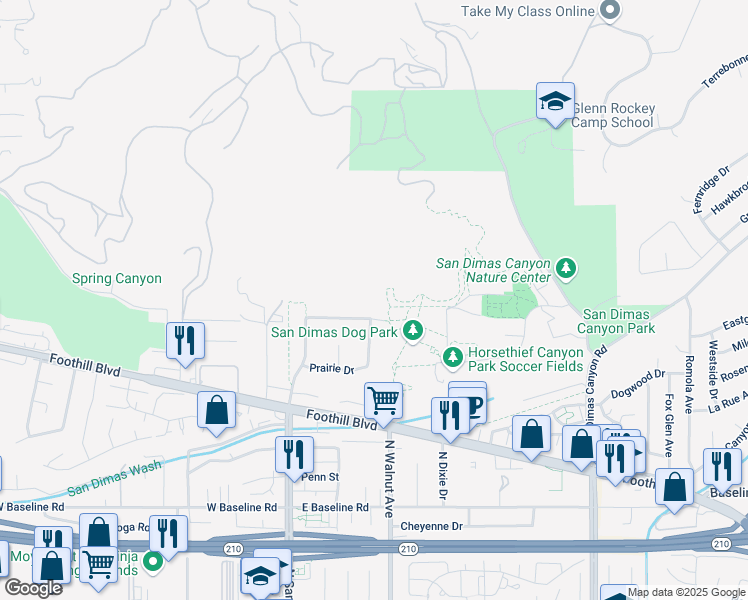 map of restaurants, bars, coffee shops, grocery stores, and more near 245 Maverick Drive in San Dimas