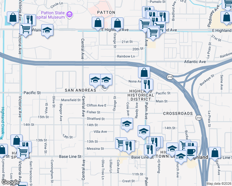 map of restaurants, bars, coffee shops, grocery stores, and more near Pacific Street in Highland