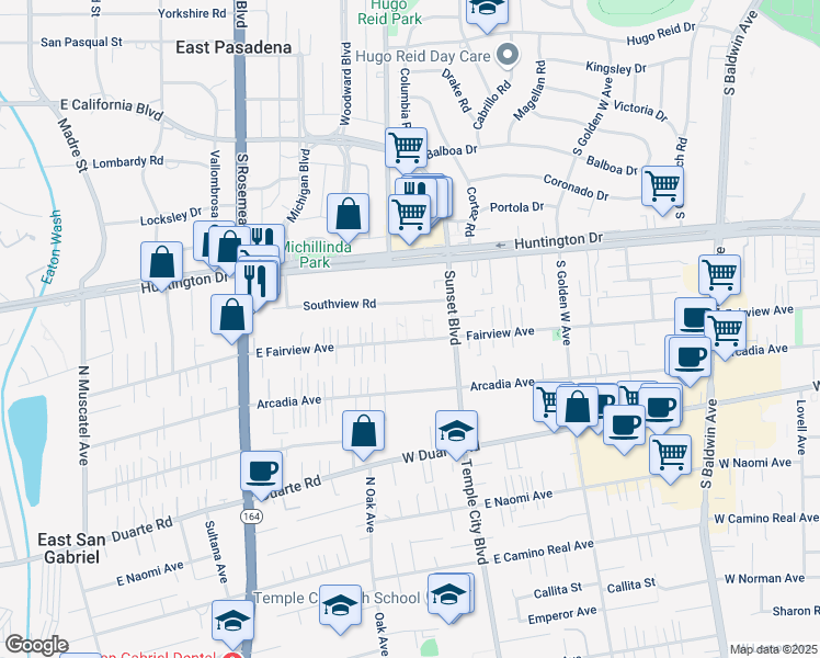map of restaurants, bars, coffee shops, grocery stores, and more near 1134 Fairview Avenue in Arcadia