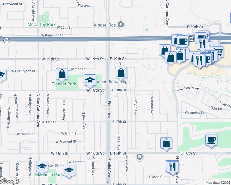 map of restaurants, bars, coffee shops, grocery stores, and more near 1795 North 1st Avenue in Upland