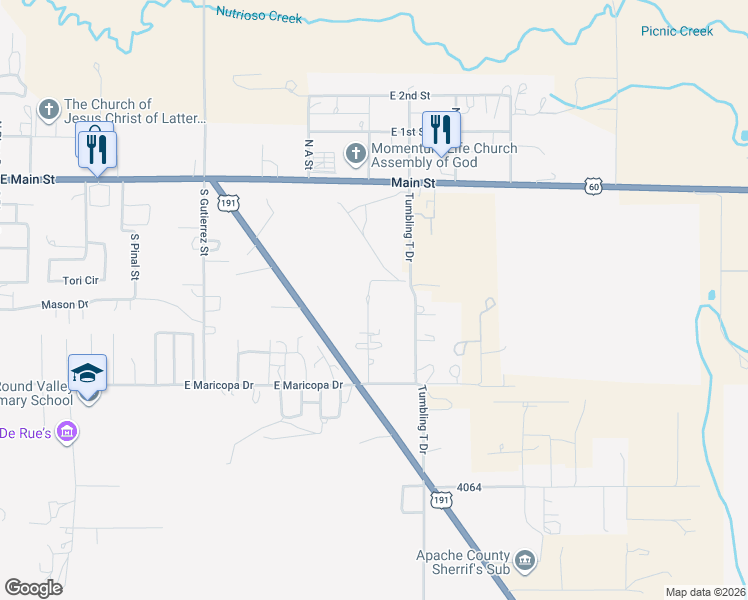 map of restaurants, bars, coffee shops, grocery stores, and more near 470 South Cordillia Drive in Springerville