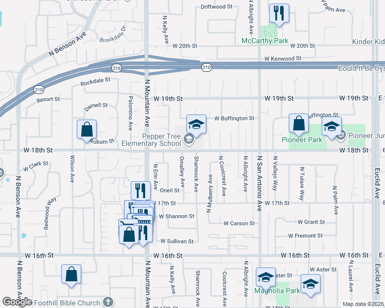 map of restaurants, bars, coffee shops, grocery stores, and more near 1784 Shamrock Avenue in Upland