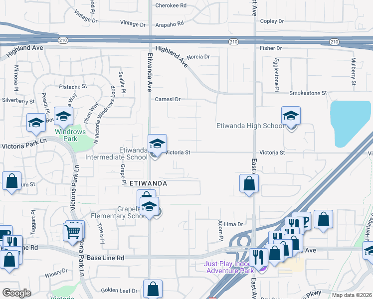 map of restaurants, bars, coffee shops, grocery stores, and more near 13044 Victoria Street in Rancho Cucamonga